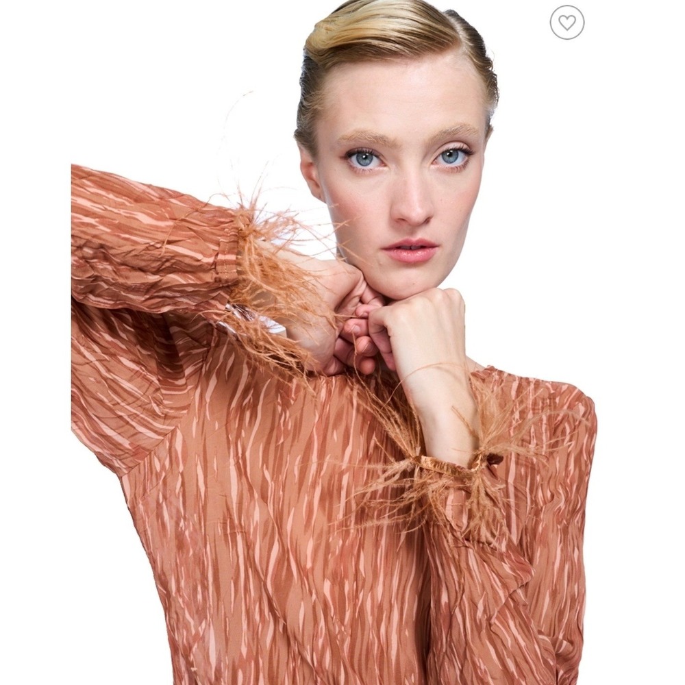 Moon River Feather Trim Crinkle Fabric Long Sleeve Top & Pants Terra Cotta NWT S